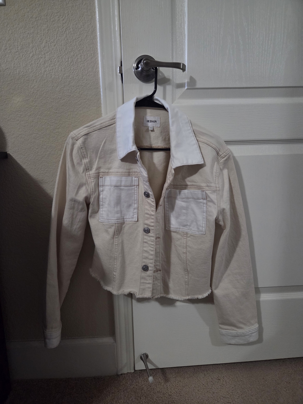 Hudson Jeans Cream Cropped Denim Jacket with White Collar
